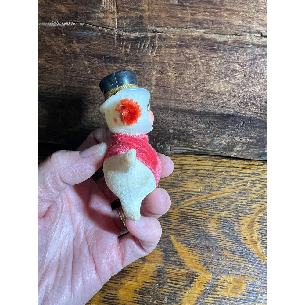 Vintage Flocked Snowman Figurine Mid Century Christmas Decor Top Hat Scarf 3